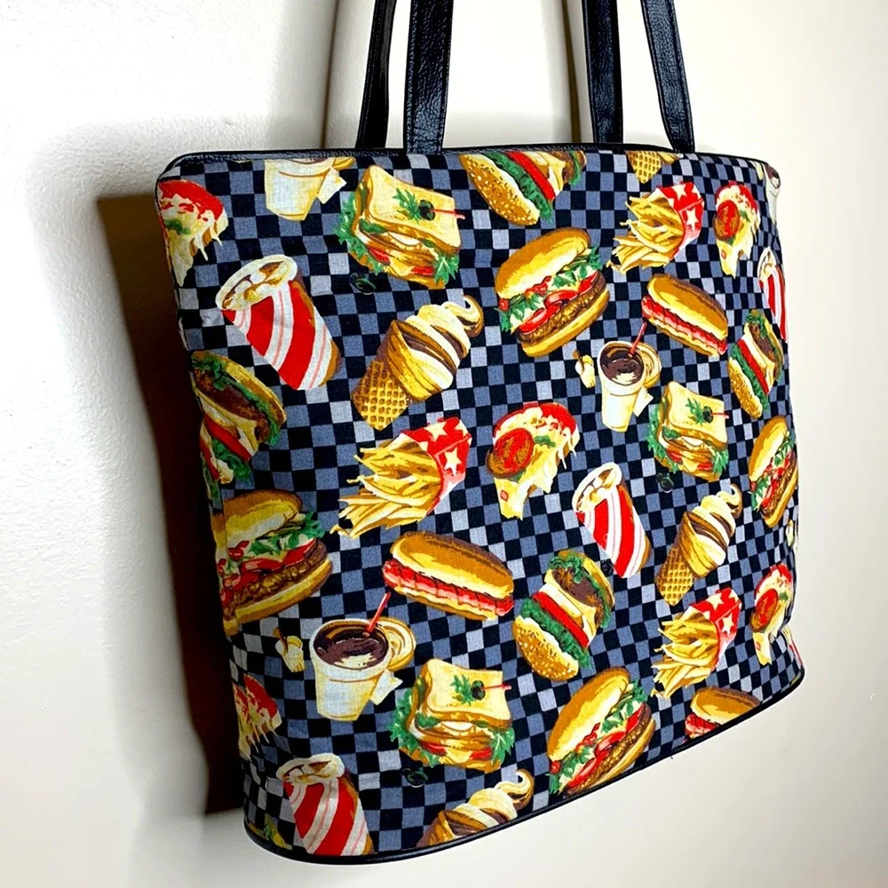 Fast Food Diner Tote | Large Canvas Food Design Bag | Leather Detail Food Lover - Picture 2 of 7